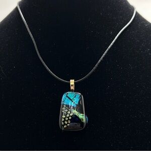 Black And Blue Dichroic Glass Pendant, Leather Cord Necklace